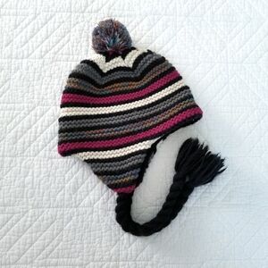 Bula Stripe Wool Knit Pom Pom Ear Flap Tassel Fleece Lined Hat Made In Canada